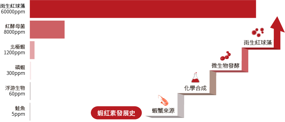 蝦紅素(蝦青素)發展史，從早期的蝦蟹來源到後期因為天然、純淨、安全與濃度的多重考量下，雨生紅球藻已逐漸成為主流來源